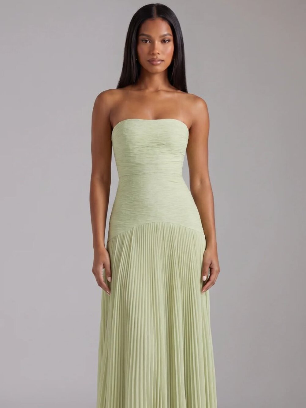 Strapless Pleated Maxi Dress in Light Green
